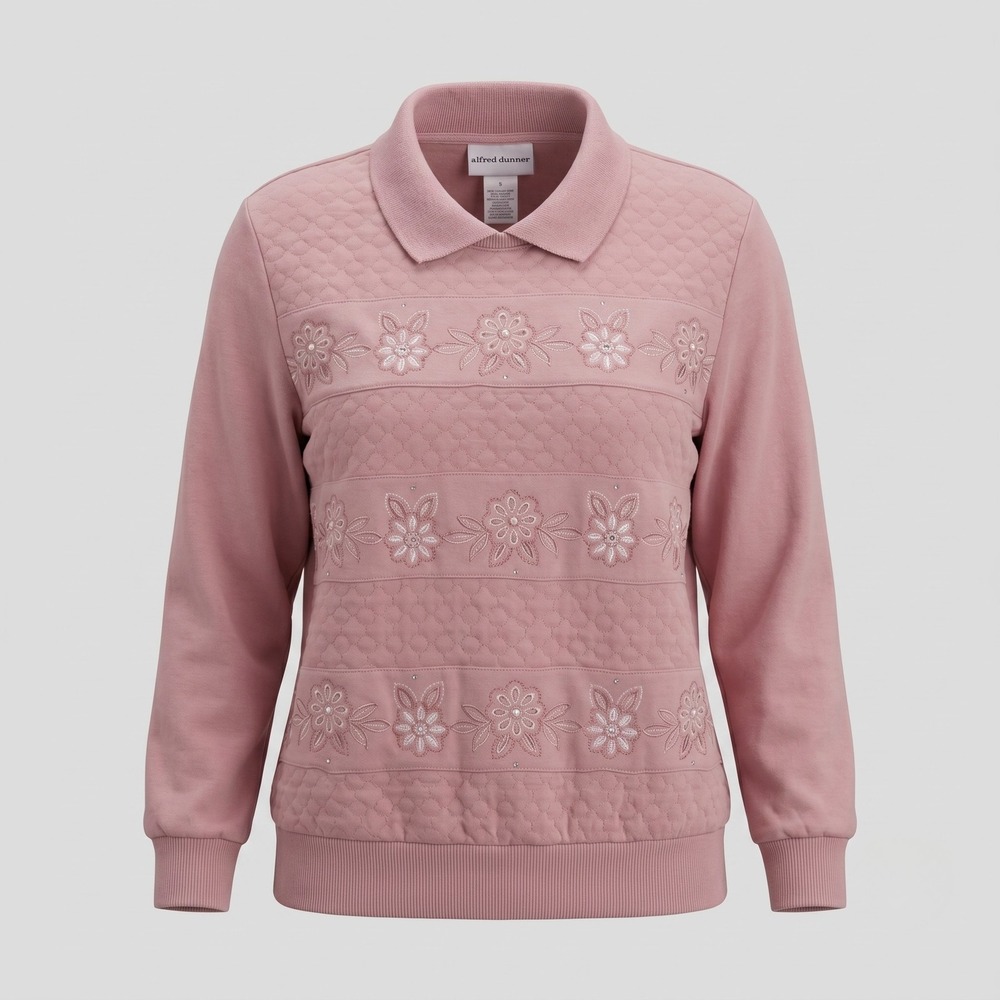 Alfred Dunner‎ Women M Pink Sweatshirt Floral Embroidery Vintage Quilted Collar
